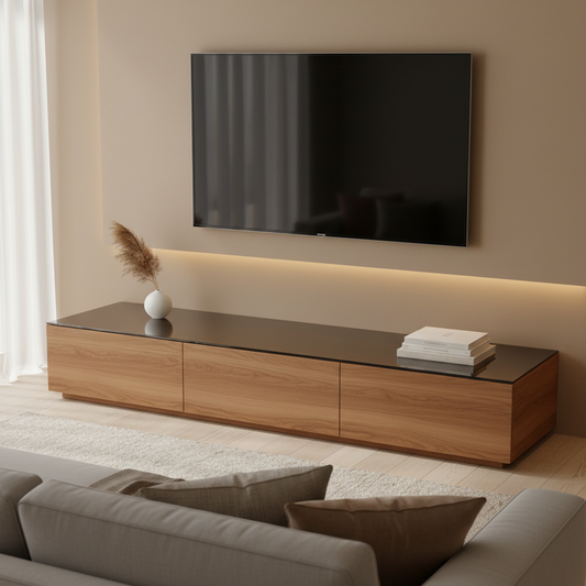 Cubierta de Vidrio Templado Ahumado sobre mueble TV