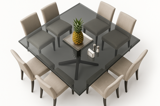Mesa 140cm con base moderna, vidrio gris oscuro, 8 sillas, piña y accesorios - fondo blanco superior