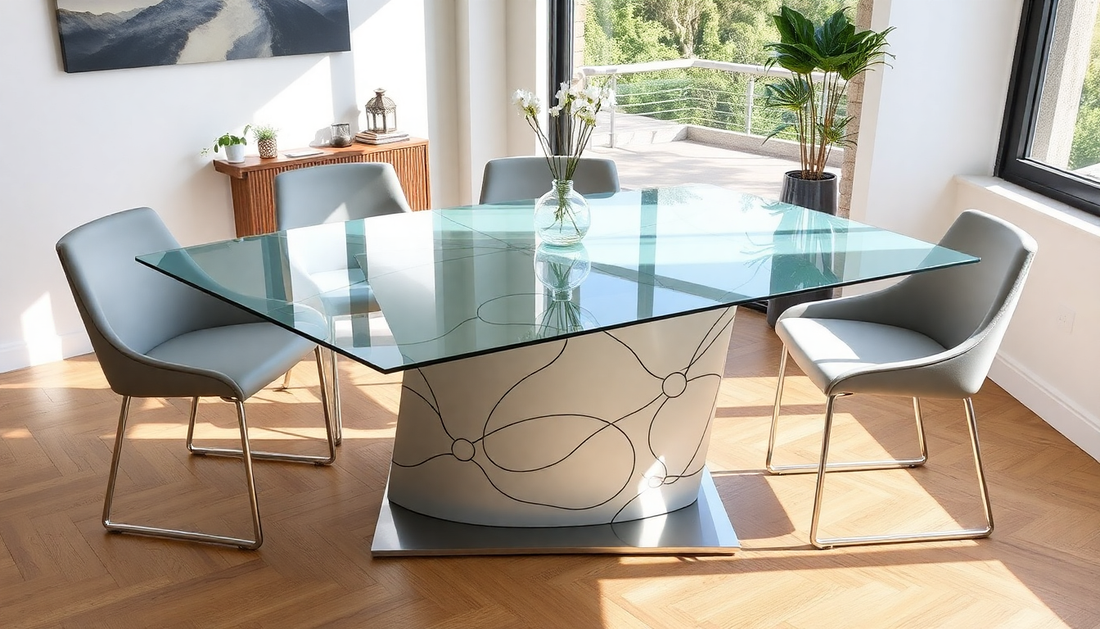 Custom tempered glass table covering on modern dining table