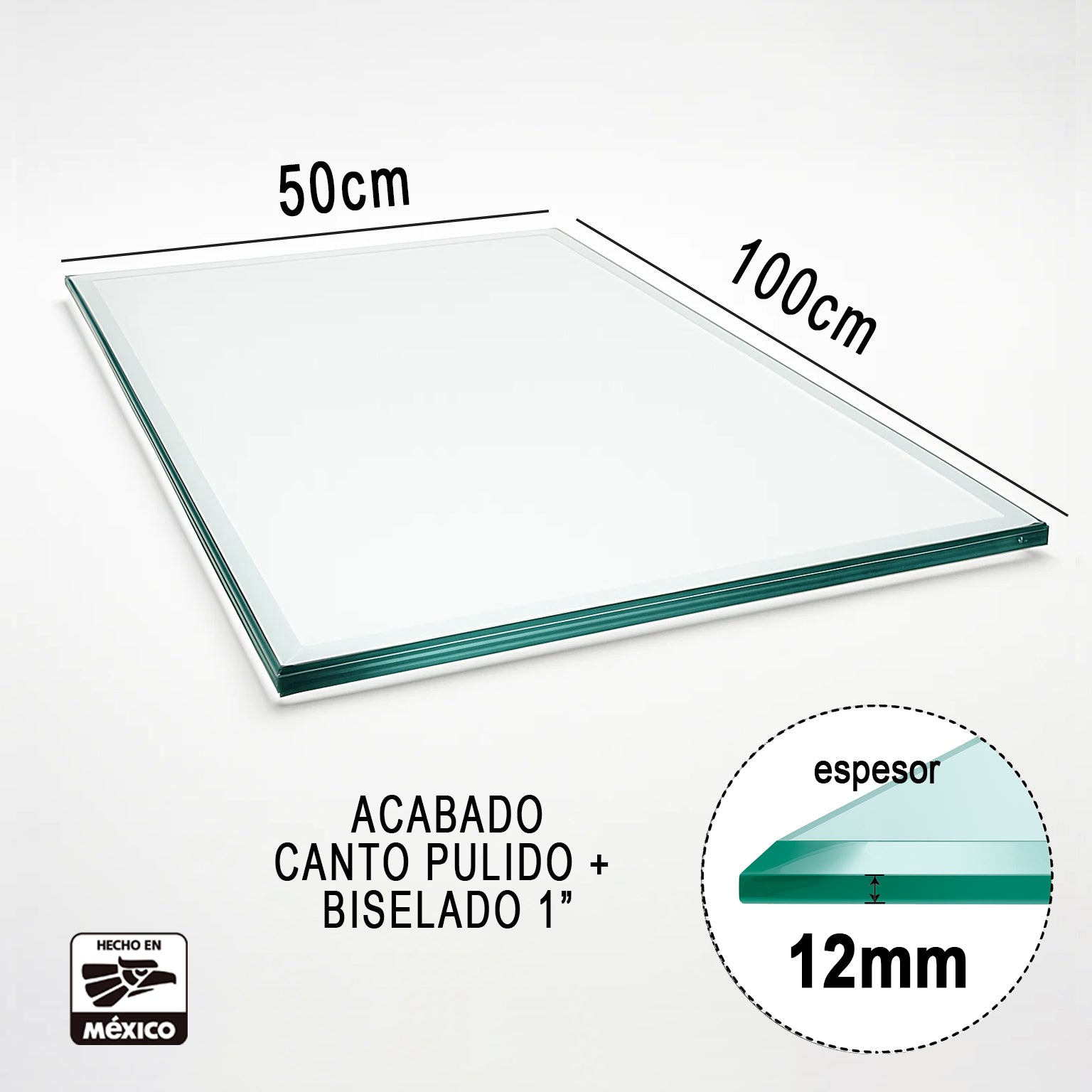 Cubierta Rectangular Vidrio Claro Templado 100 x 50 cm 12mm Canto Biselado - VitroTemp
