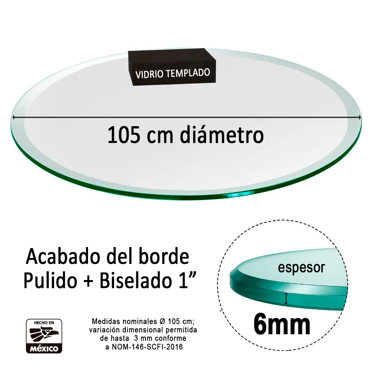 Cubierta Circular Vidrio Claro Templado 105cm Diámetro