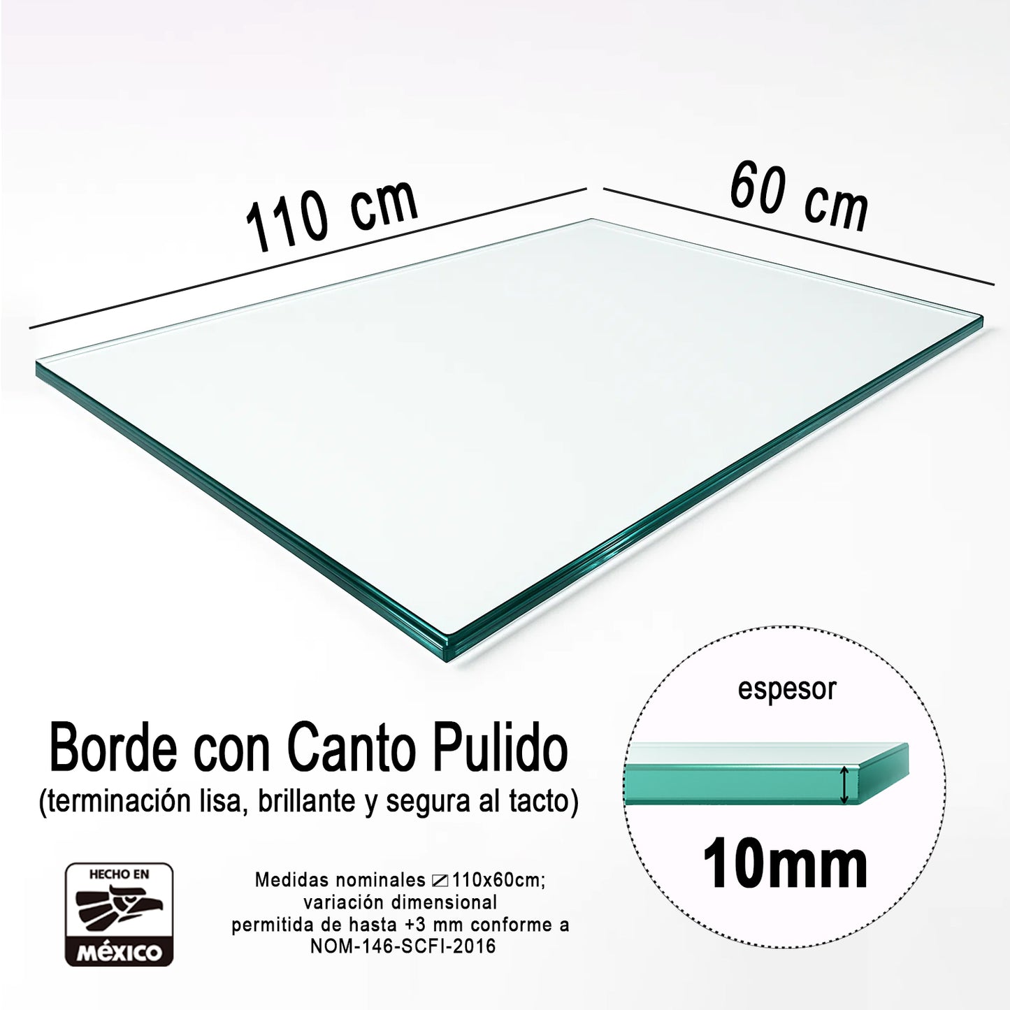 Cubierta Rectangular Vidrio Claro Templado 110x60cm de 10mm espesor acabado Canto Pulido - VitroTemp