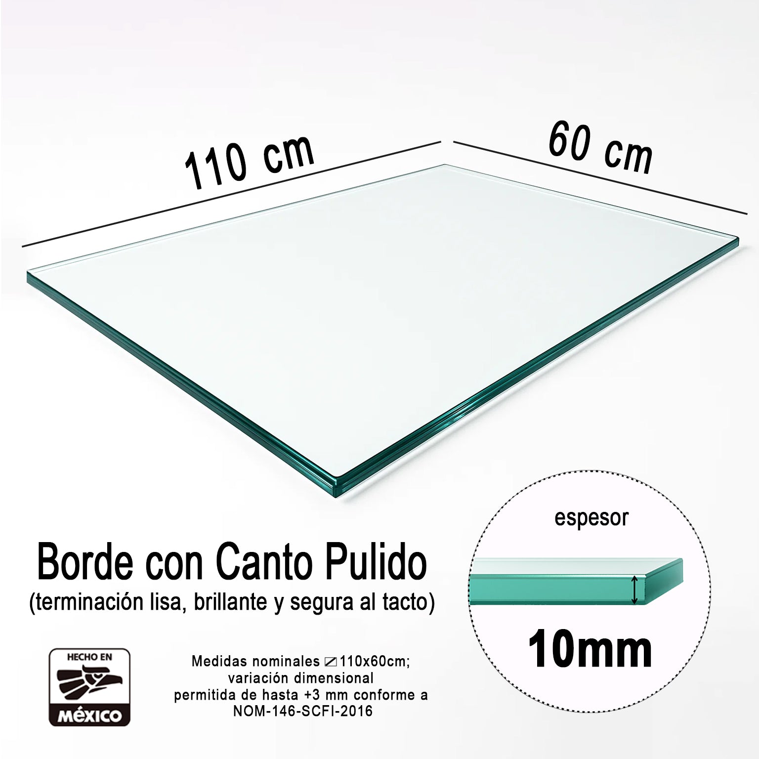 Cubierta Rectangular Vidrio Claro Templado 110x60cm de 10mm espesor acabado Canto Pulido - VitroTemp