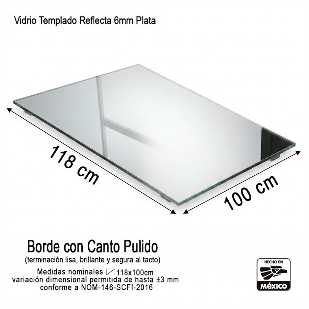 Cubierta rectangular Vidrio Templado Reflecta Plata Rectangular de 118x100 cm con borde pulido