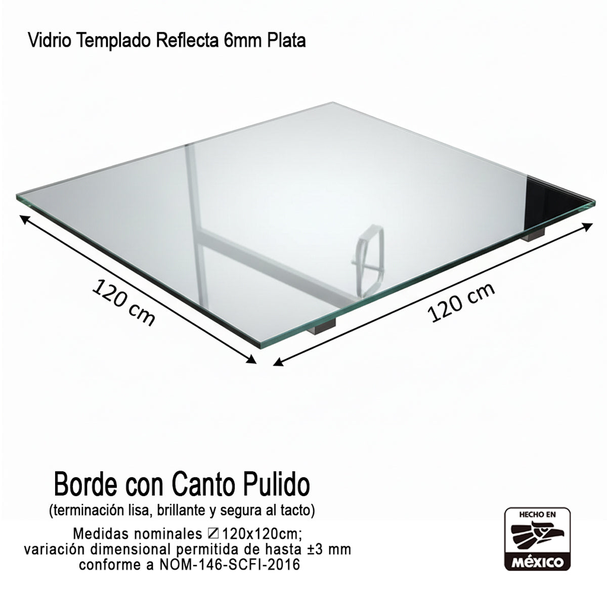 Vidrio Templado Reflecta Plata de 6mm Medida 120 x 120 cm Control Solar Arquitectónico