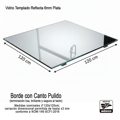 Vidrio Templado Reflecta Plata de 6mm Medida 120 x 120 cm Control Solar Arquitectónico