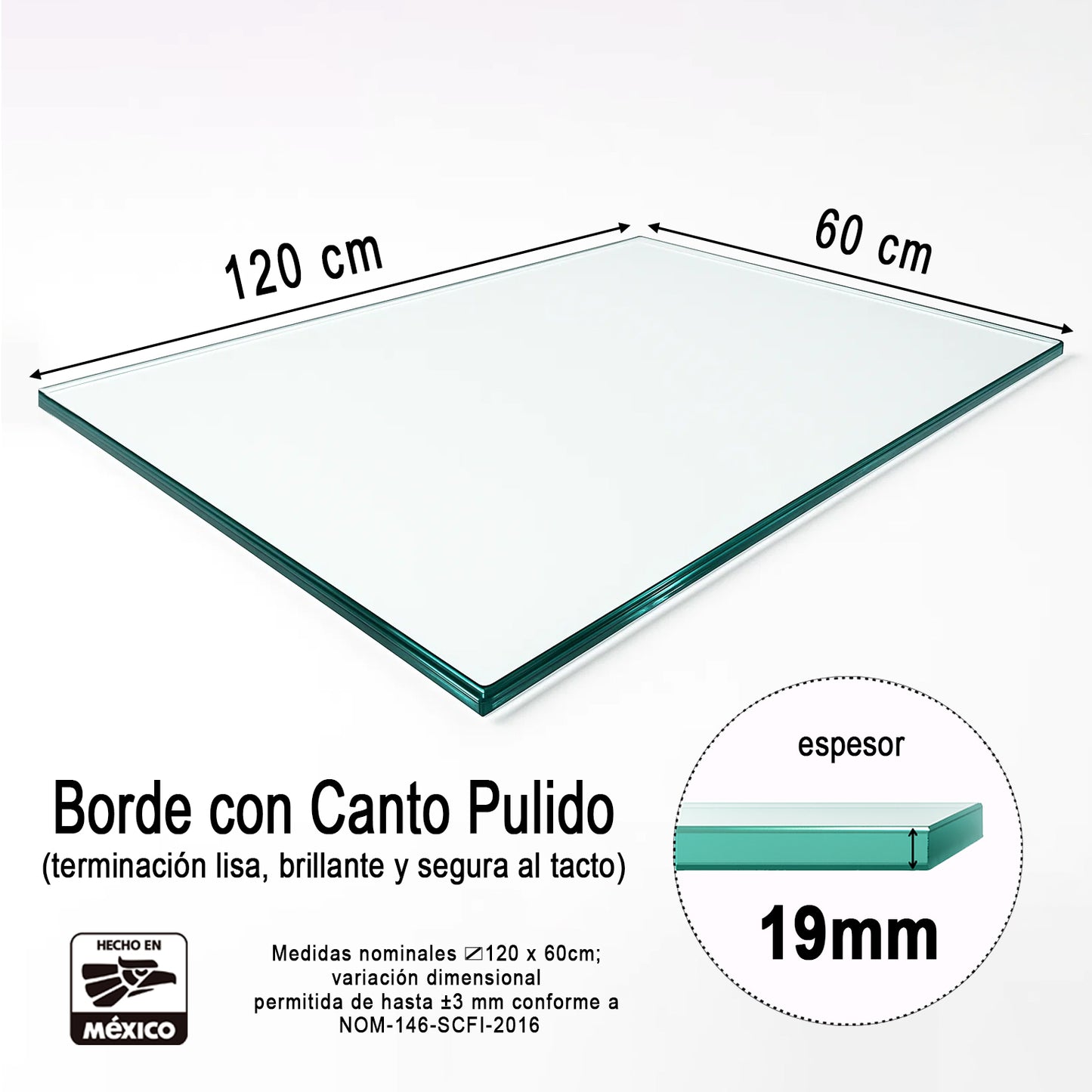 Cubierta Rectangular Vidrio Claro Templado 120x60cm