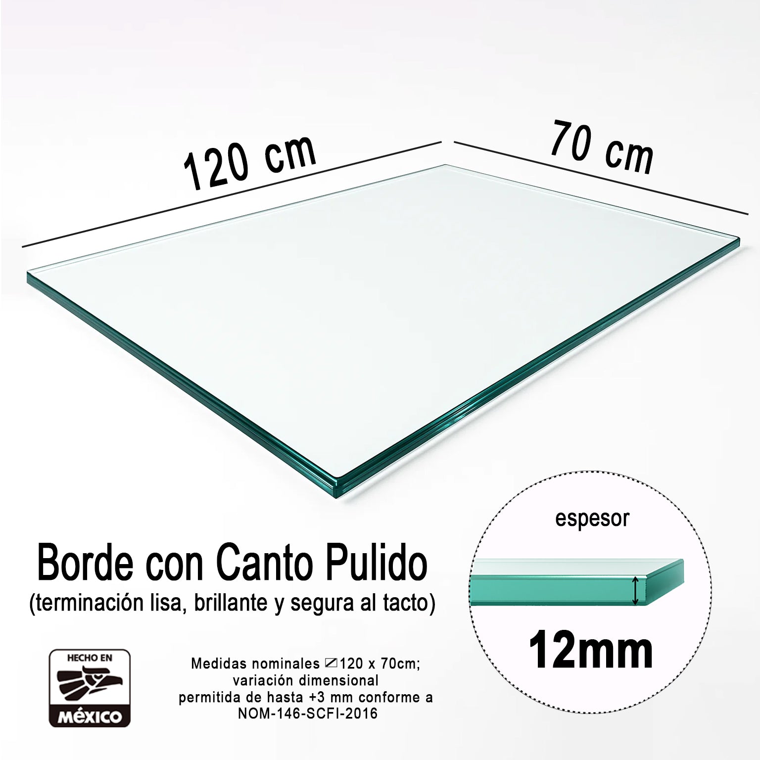 Cubierta Rectangular Vidrio Claro Templado con medidas de 120x70cm de 12mm de espesor y acabado canto pulido - VitroTemp