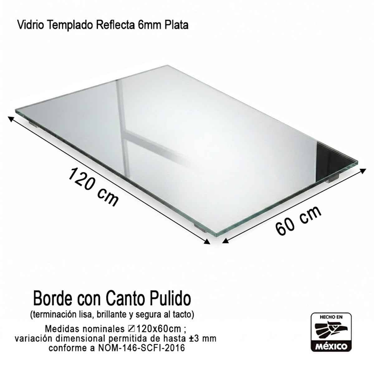 Vidrio Templado Reflecta Plata Rectangular de 6mm Medida 120 x 60 cm Control Solar Arquitectónico