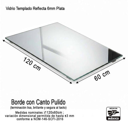 Vidrio Templado Reflecta Plata Rectangular de 6mm Medida 120 x 60 cm Control Solar Arquitectónico