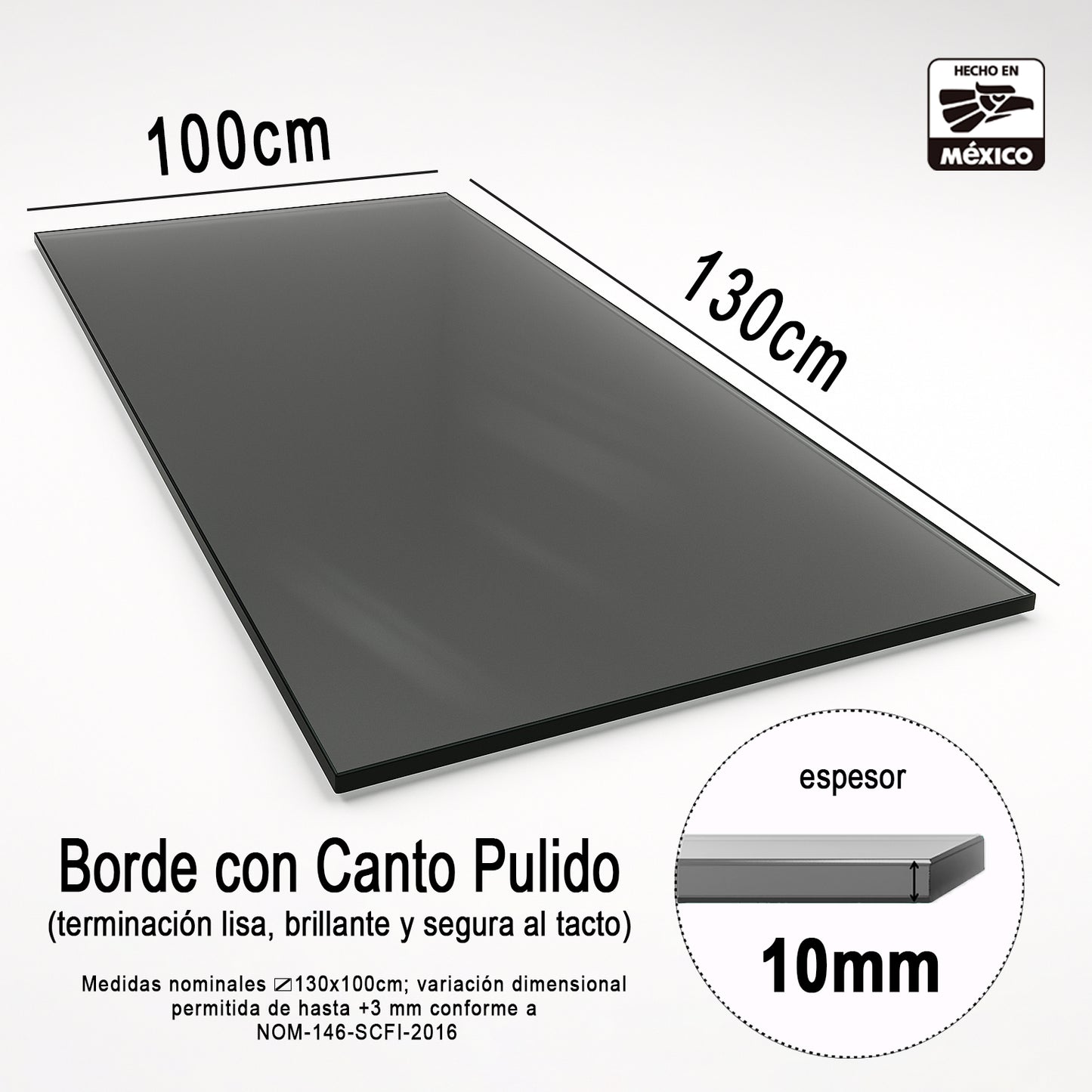 Cubierta Rectangular Vidrio Templado Ahumado 130 x 100 cm 10mm Canto Pulido - VitroTemp