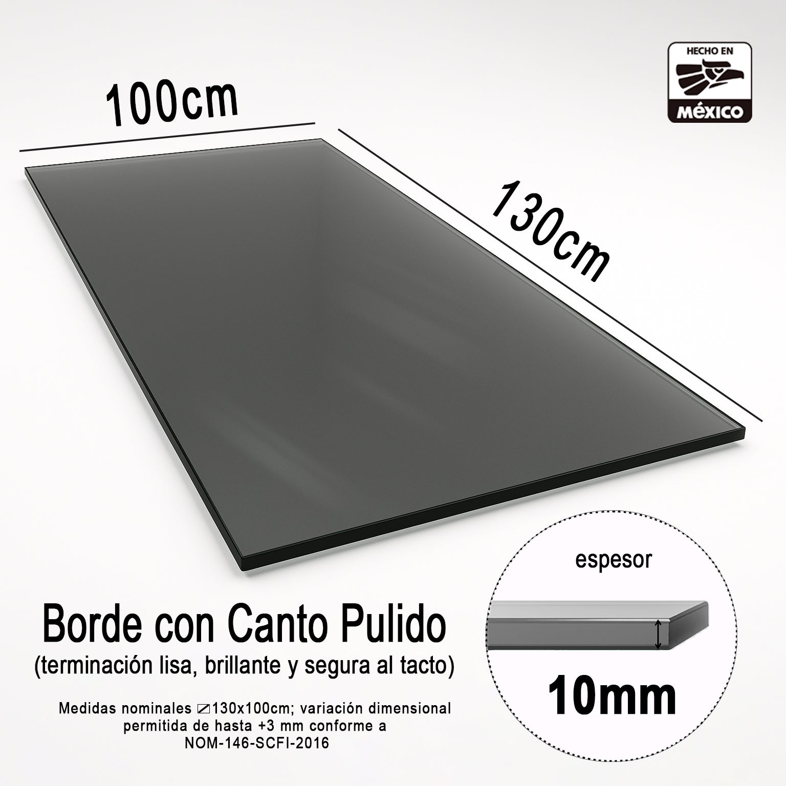 Cubierta Rectangular Vidrio Templado Ahumado 130 x 100 cm 10mm Canto Pulido - VitroTemp