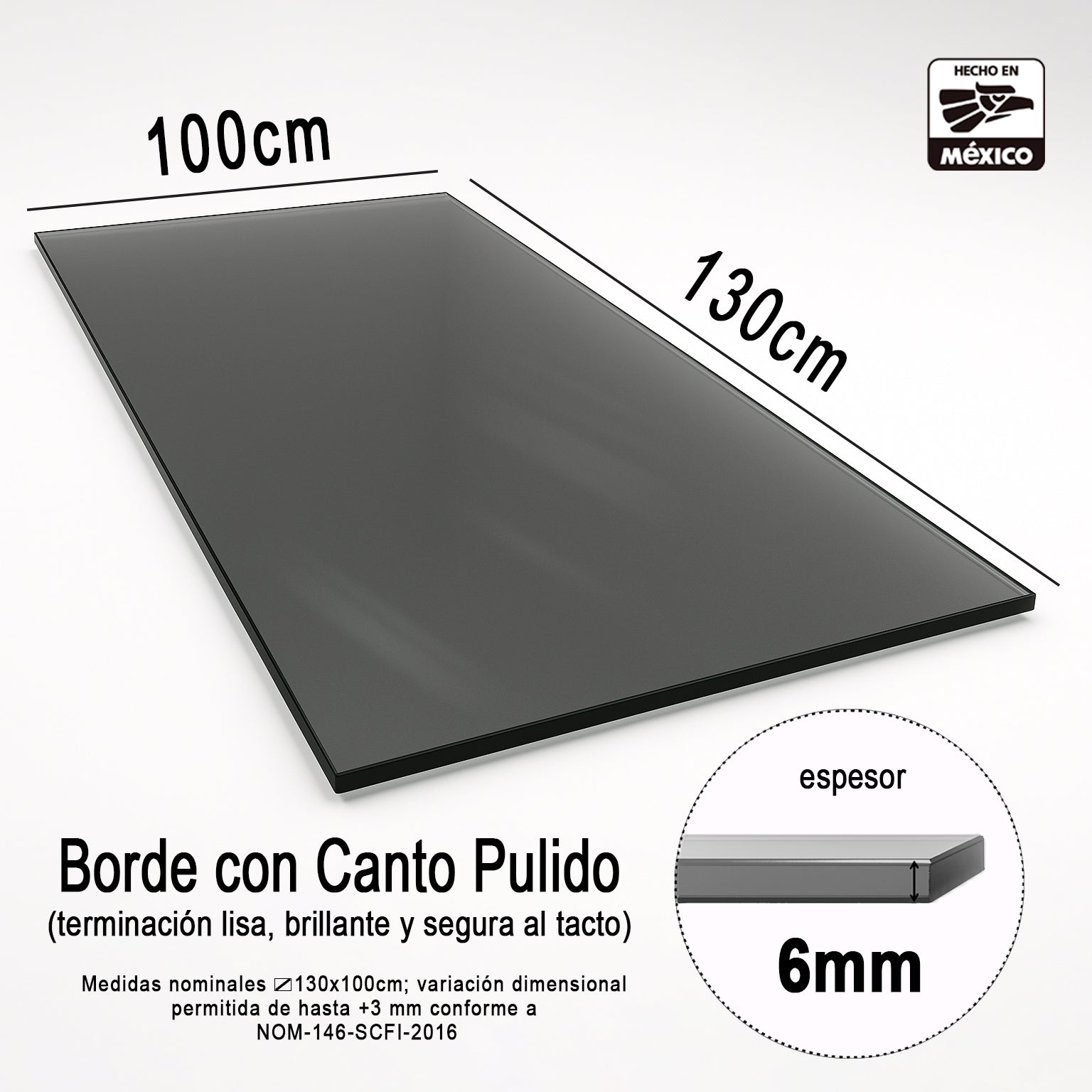 Cubierta Rectangular Vidrio Templado Ahumado 130 x 100 cm 6mm Canto Pulido - VitroTemp