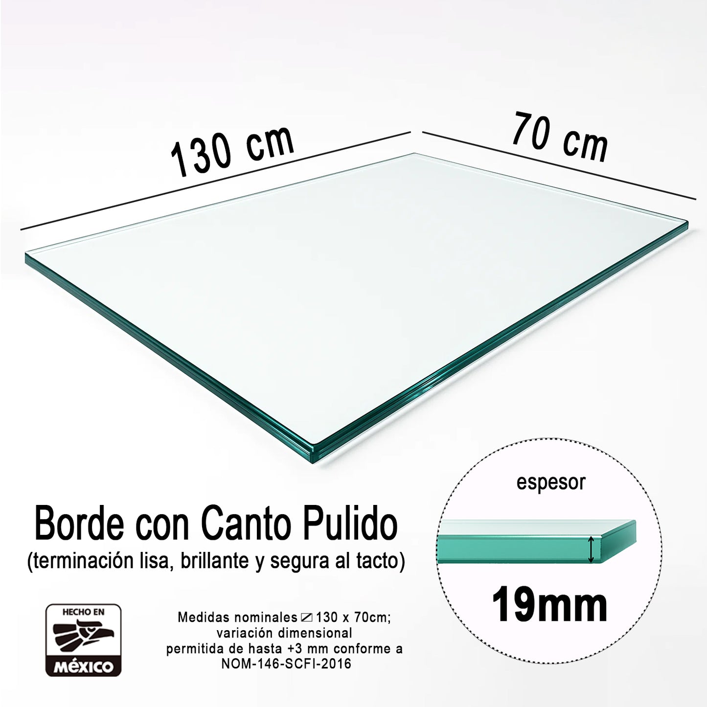 Cubierta Rectangular Vidrio Claro Templado medidas 130 x 70 cm de 19mm de espesor y acabado canto pulido, ideal para una mesa de 4 sillas, 4 personas - VitroTemp