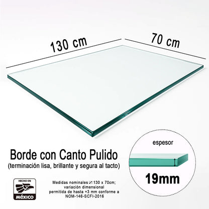 Cubierta Rectangular Vidrio Claro Templado medidas 130 x 70 cm de 19mm de espesor y acabado canto pulido, ideal para una mesa de 4 sillas, 4 personas - VitroTemp
