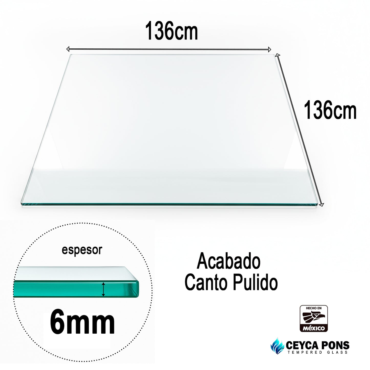 Cubierta Cuadrada de Vidrio Templado Claro 136x136cm