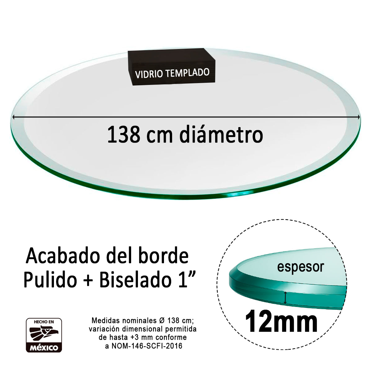 Cubierta Circular Vidrio Claro Templado 138cm Diámetro