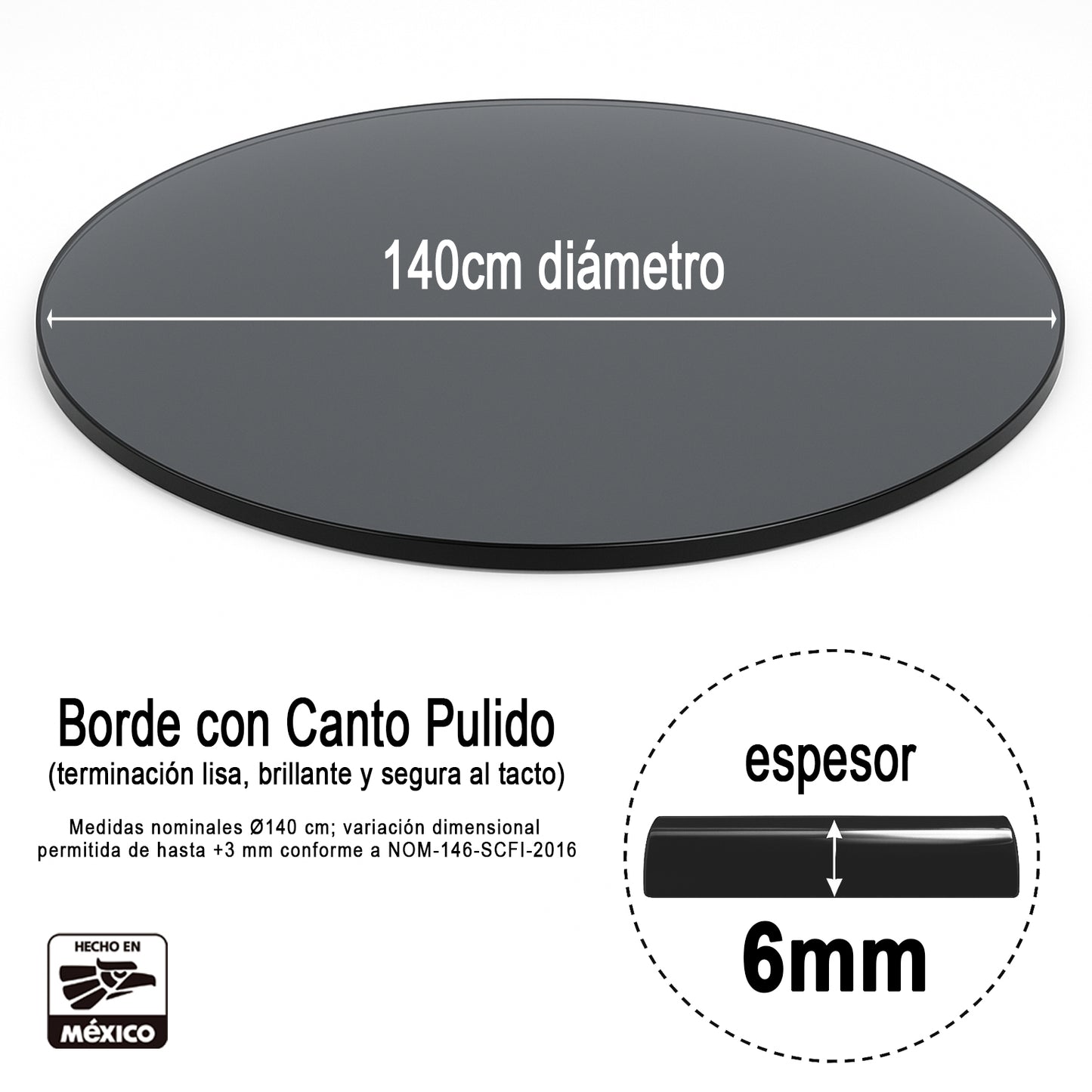 Cubierta Circular Vidrio Ahumado Templado 140cm Diámetro