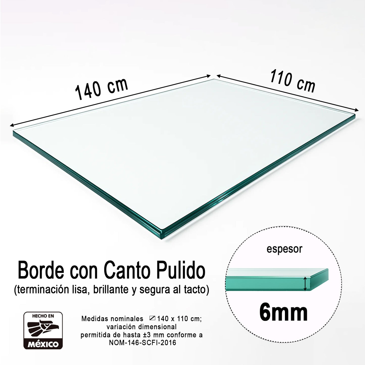 Cubierta Rectangular Vidrio Claro Templado 140x110cm