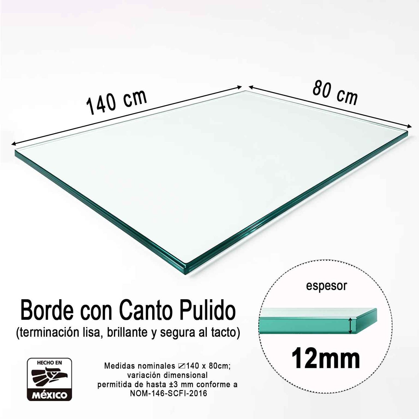 Vidrio Templado Claro Rectangular 140 x 80 cm para Mesa de Comedor