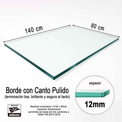 Vidrio Templado Claro Rectangular 140 x 80 cm para Mesa de Comedor