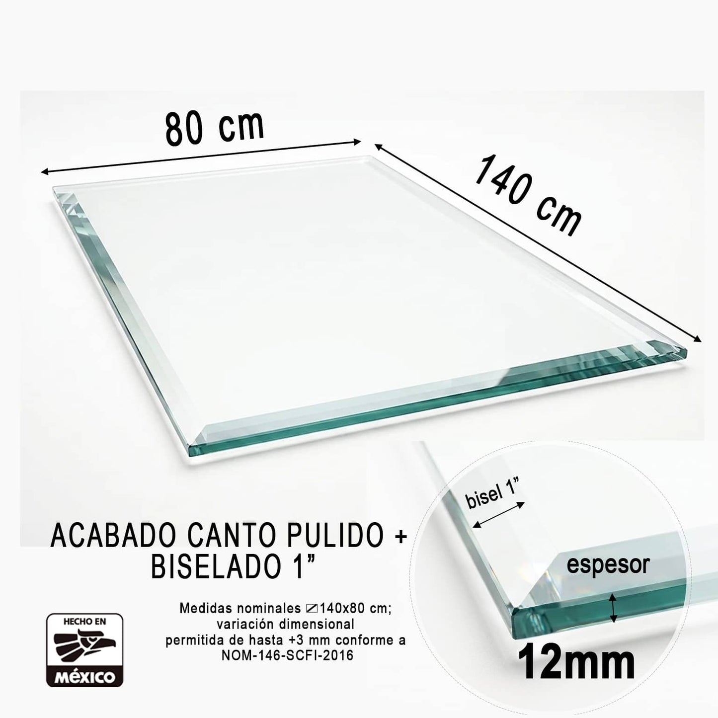 Vidrio Templado Claro Rectangular 140 x 80 cm para Mesa de Comedor