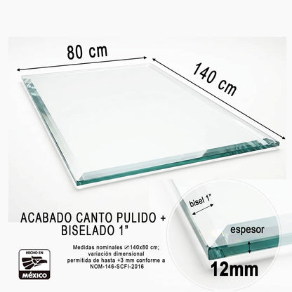 Vidrio Templado Claro Rectangular 140 x 80 cm para Mesa de Comedor