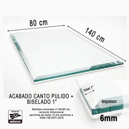 Vidrio Templado Claro Rectangular 140 x 80 cm para Mesa de Comedor