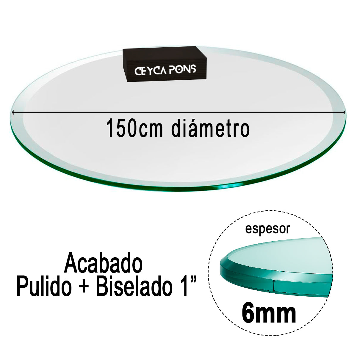 Cubierta Circular Vidrio Claro Templado Acabado 150 cm 6mm acabado Biselado 1" - VitroTemp