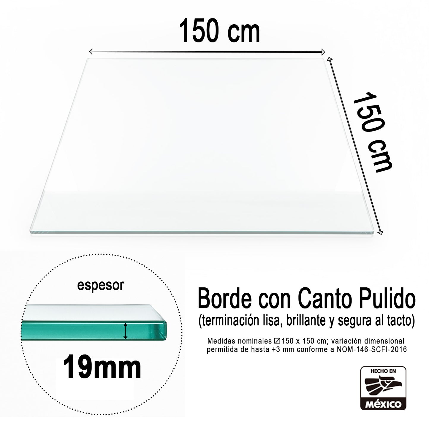 Cubierta Cuadrada de Vidrio Templado Claro 150x150cm