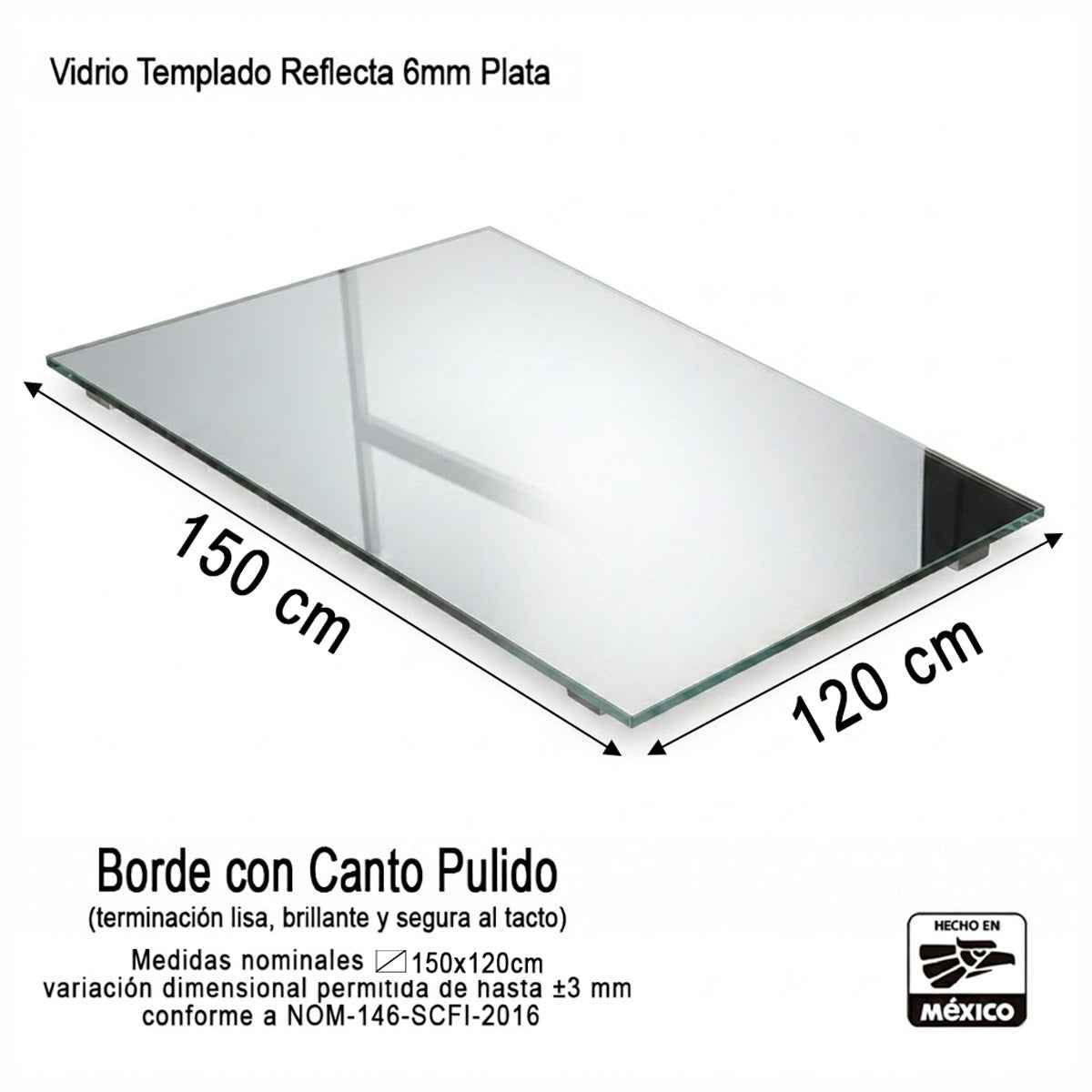 Vidrio Templado Reflecta Plata Rectangular de 6mm Medida 150 x 120 cm Control Solar Arquitectónico