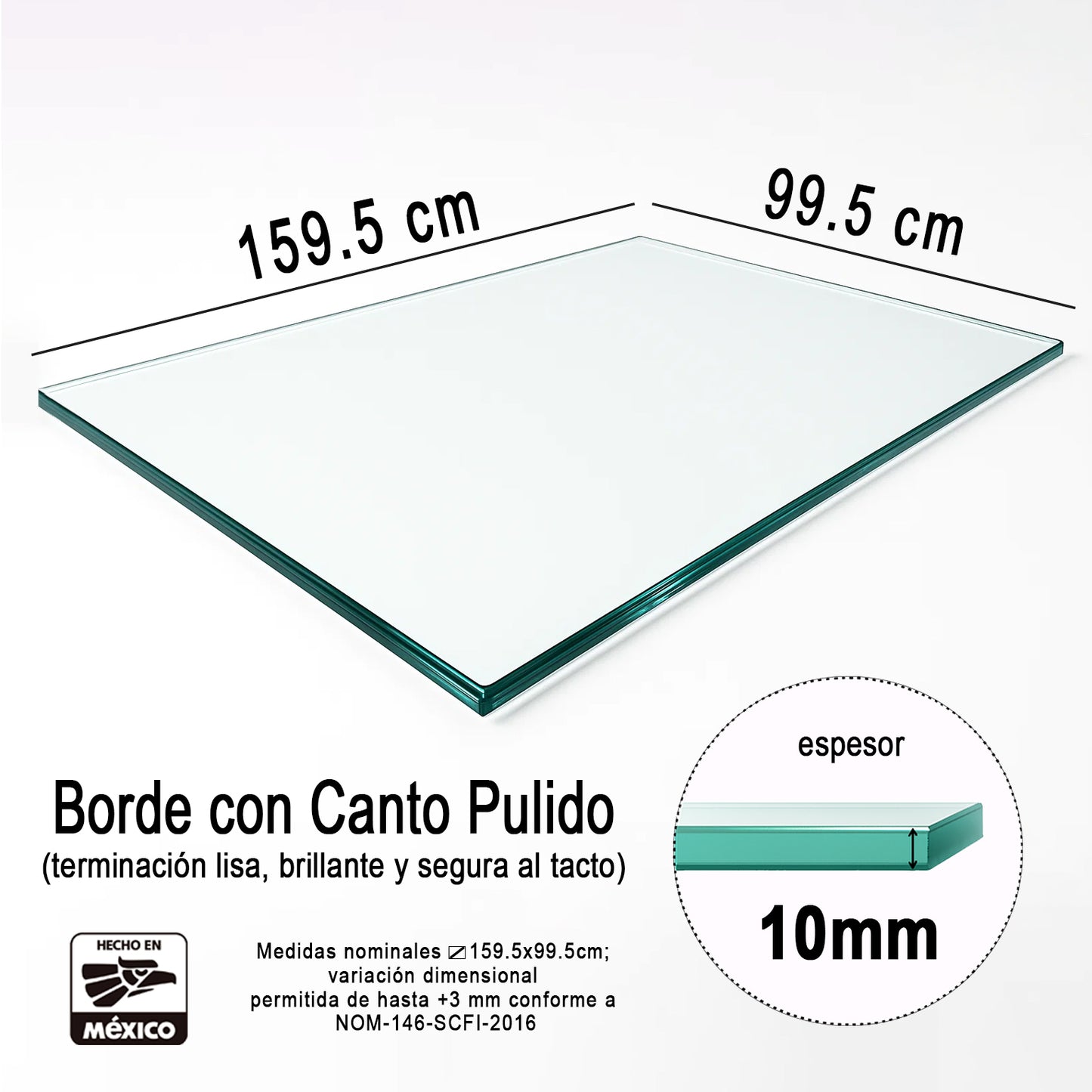 Cubierta Rectangular Vidrio Claro Templado 159.5 x 99.5cm 10mm espesor Canto Biselado - VitroTemp