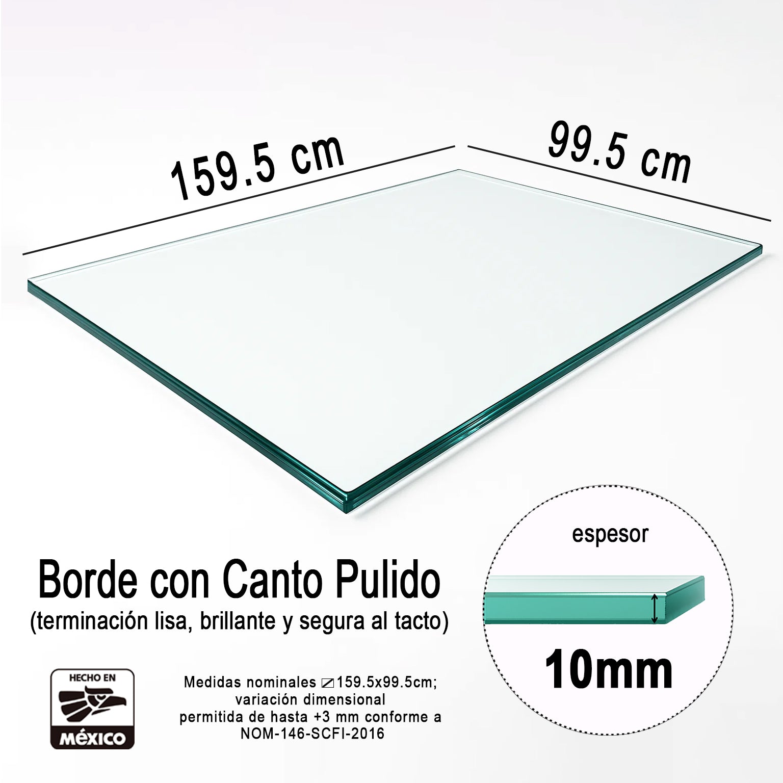 Cubierta Rectangular Vidrio Claro Templado 159.5 x 99.5cm 10mm espesor Canto Biselado - VitroTemp