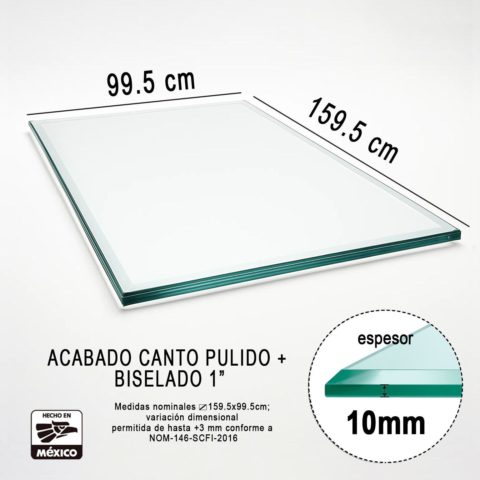 Cubierta Rectangular Vidrio Claro Templado 159.5 x 99.5cm 10mm espesor Canto Pulido - VitroTemp