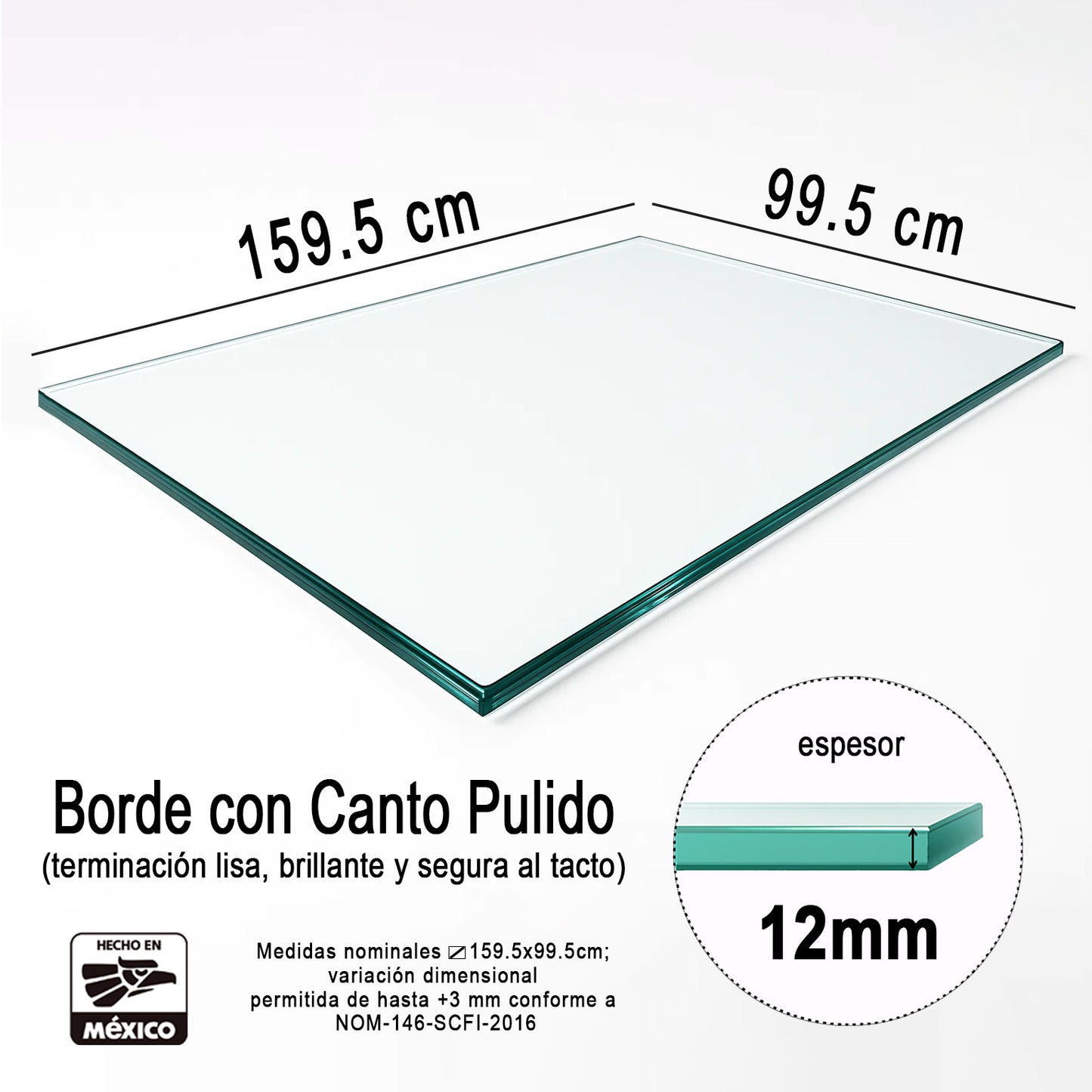 Cubierta Rectangular Vidrio Claro Templado 159.5 x 99.5cm 12mm espesor Canto Biselado - VitroTemp