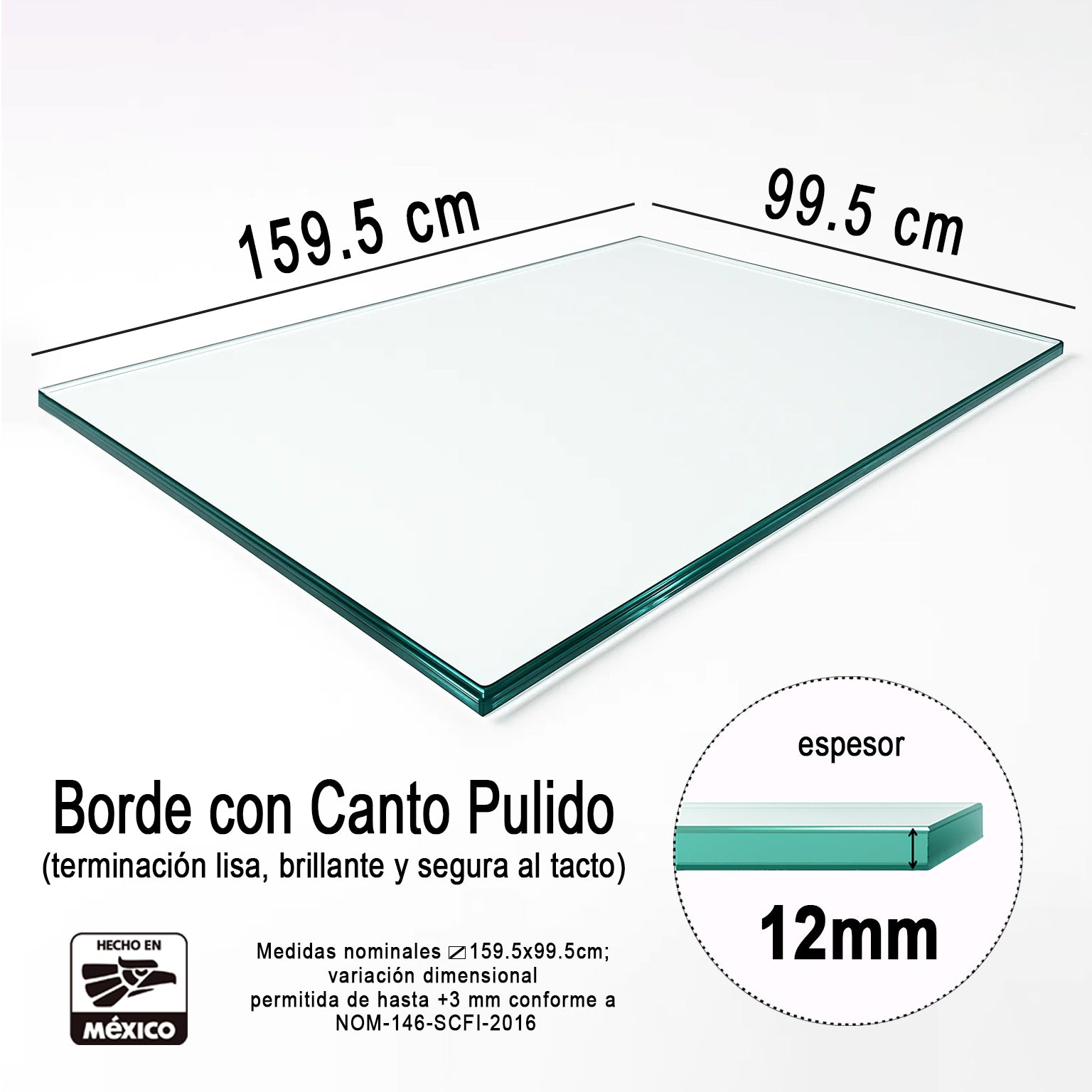 Cubierta Rectangular Vidrio Claro Templado 159.5 x 99.5cm 12mm espesor Canto Biselado - VitroTemp