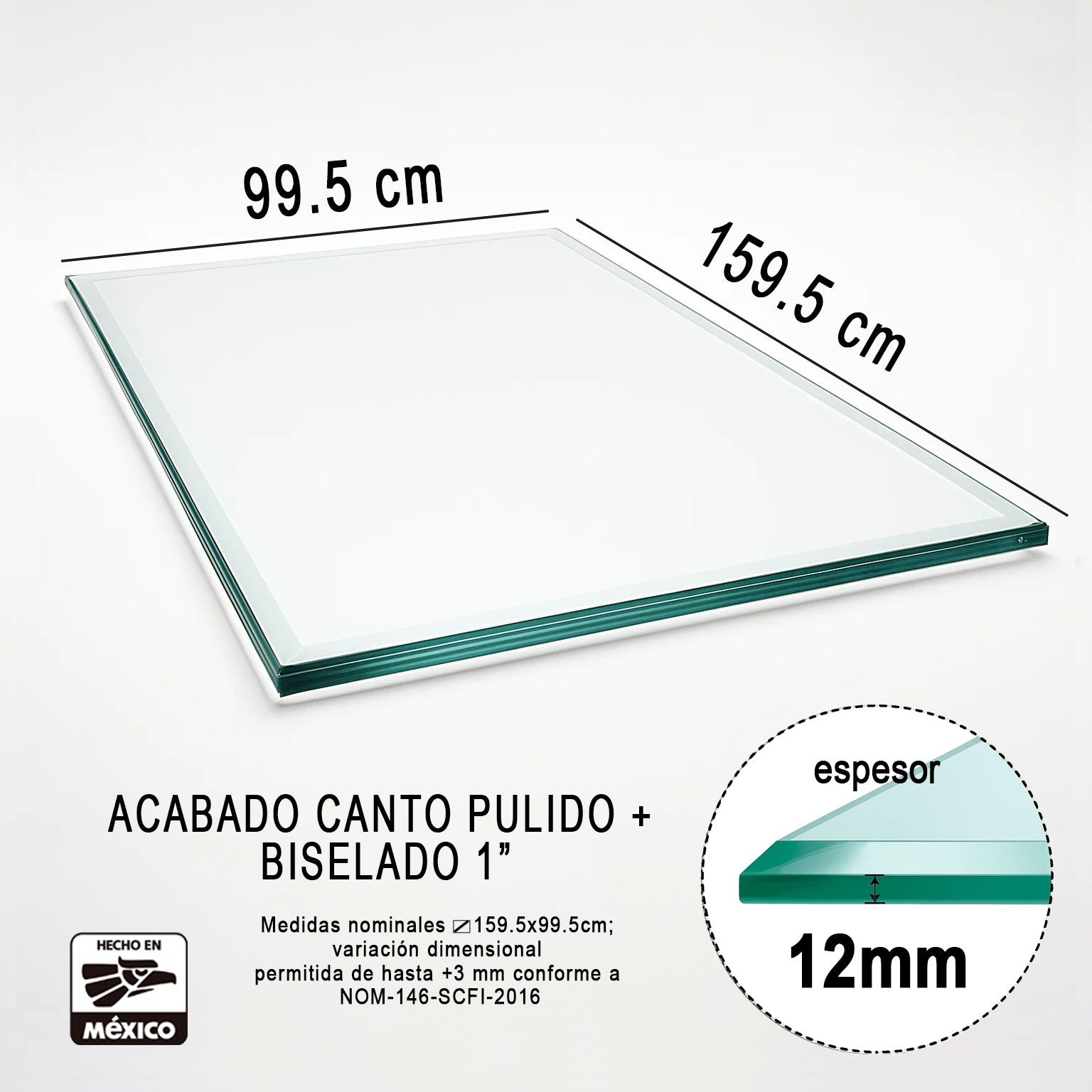 Cubierta Rectangular Vidrio Claro Templado 159.5 x 99.5cm 12mm espesor Canto Pulido - VitroTemp