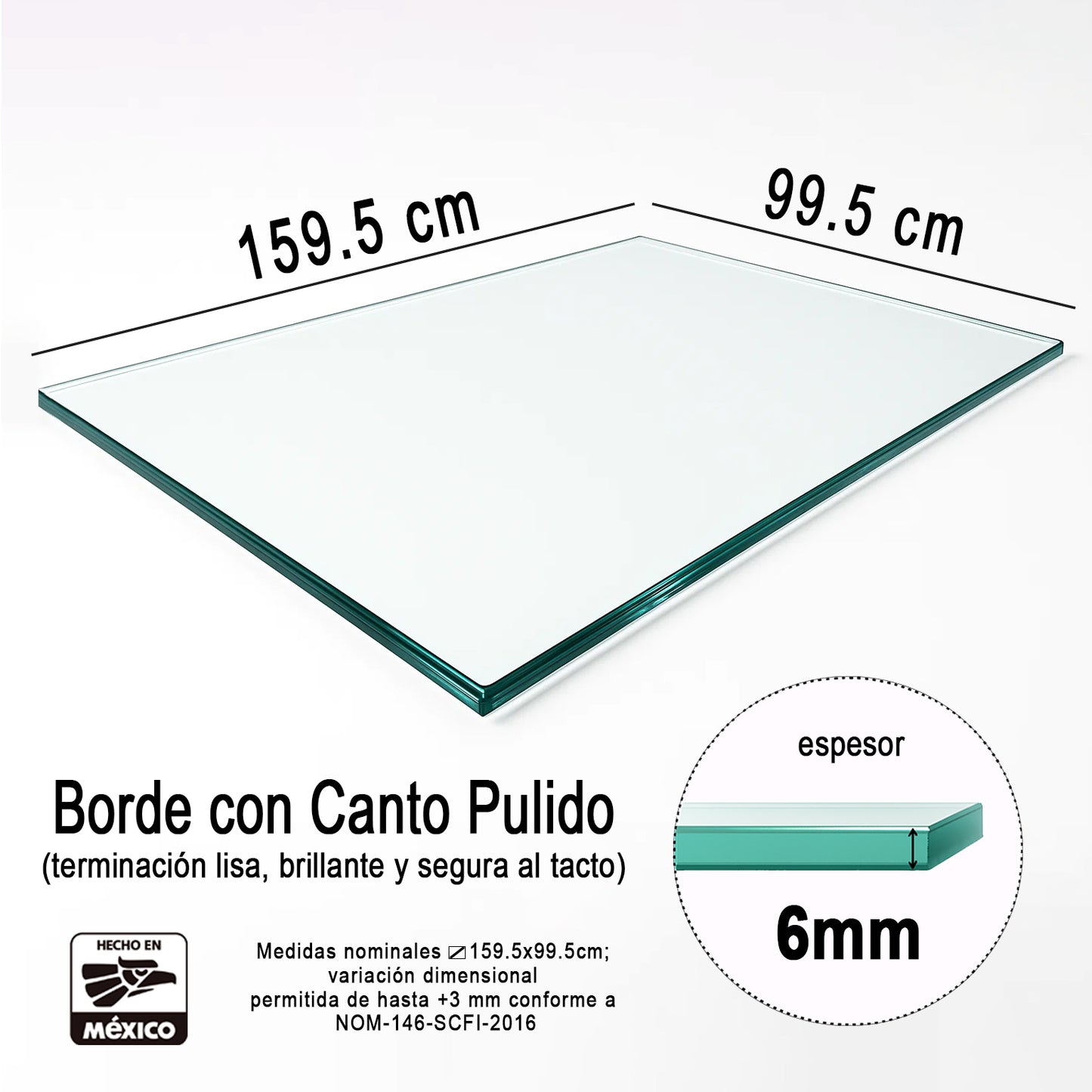 Cubierta Rectangular Vidrio Claro Templado 159.5 x 99.5cm 6mm espesor Canto Biselado - VitroTemp