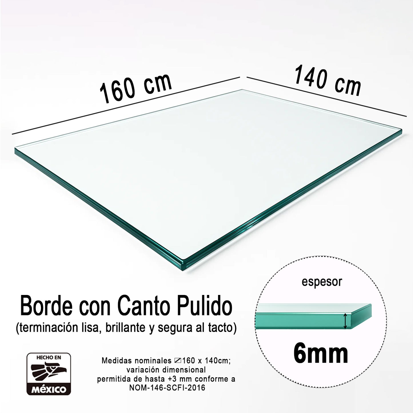 Cubierta Rectangular Vidrio Claro Templado 160x140cm