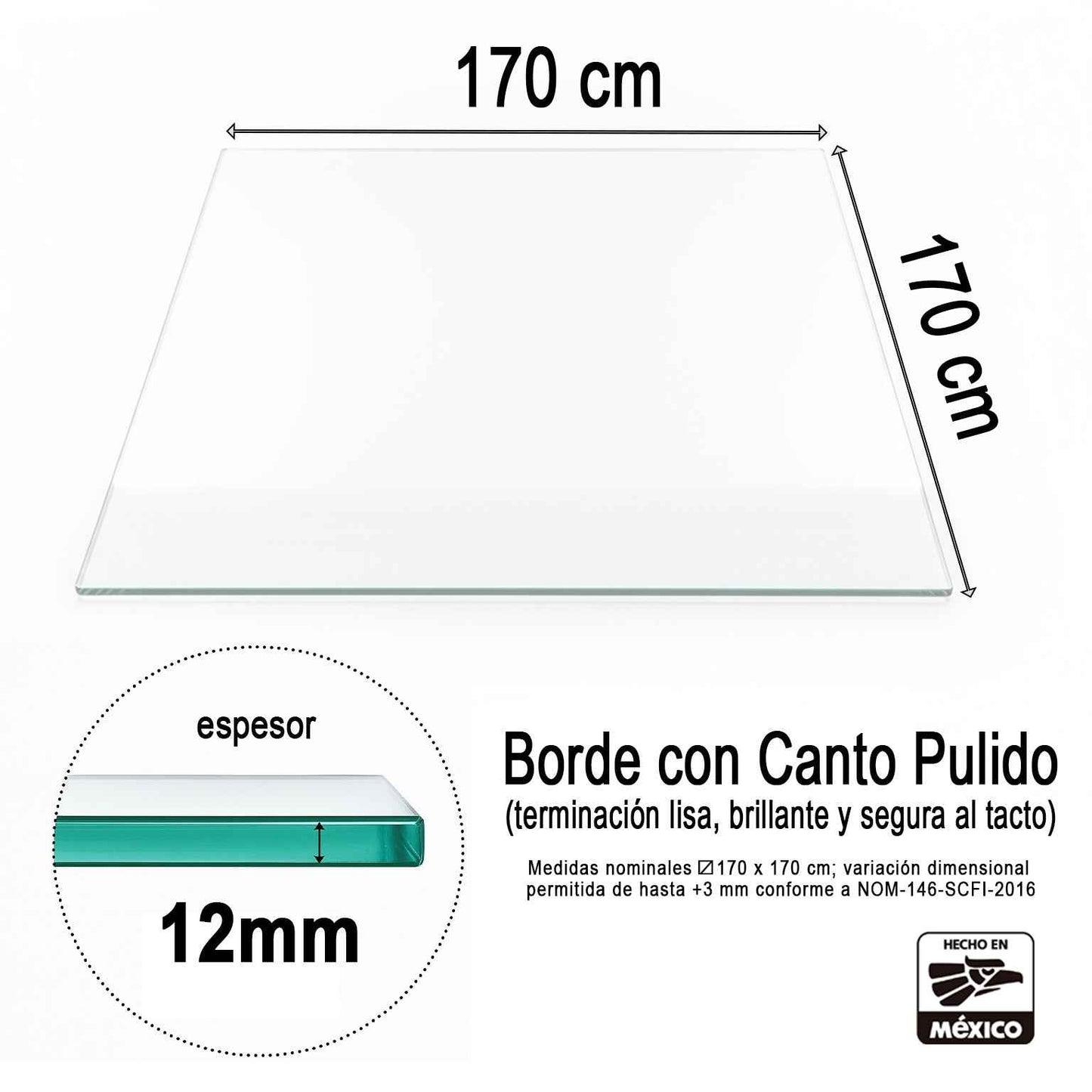 Cubierta Cuadrada de Vidrio Templado Claro 170x170cm