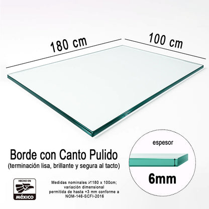 Cubierta Rectangular Vidrio Claro Templado 180x100cm