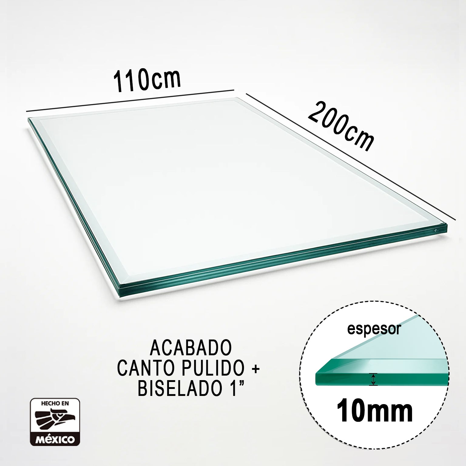 Cubierta Rectangular de Vidrio Claro Templado medidas de  200 x 110 cm y espesor de 10mm con acabado biselado de una pulgada - VitroTemp