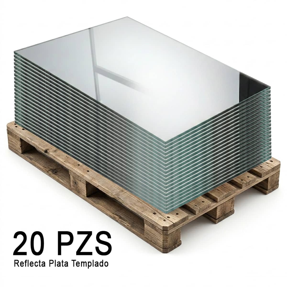 Paquete de 20 piezas de Vidrio Templado Reflecta Plata Rectangular apiladas sobre pallet de madera
