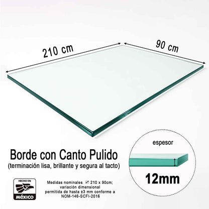 Cubierta Rectangular Vidrio Claro Templado 210x90cm