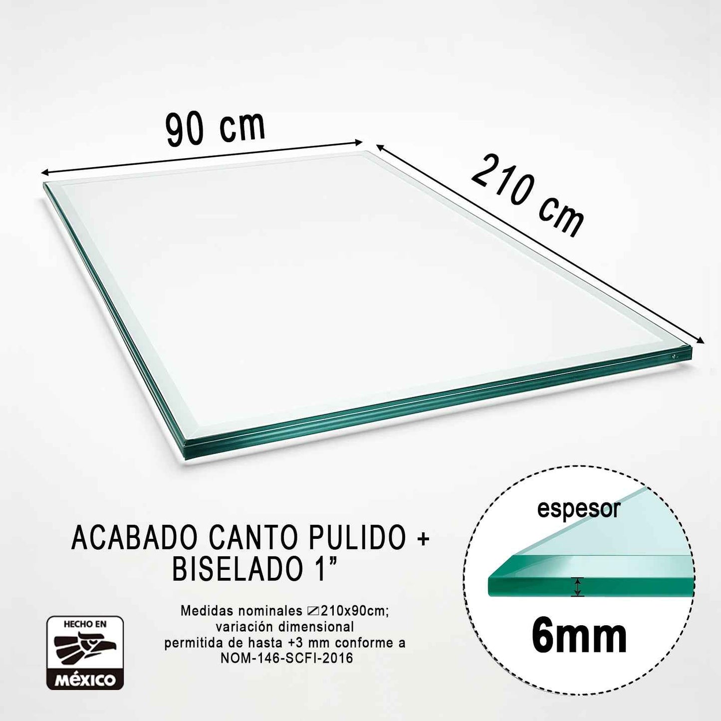 Cubierta Rectangular Vidrio Claro Templado 210x90cm