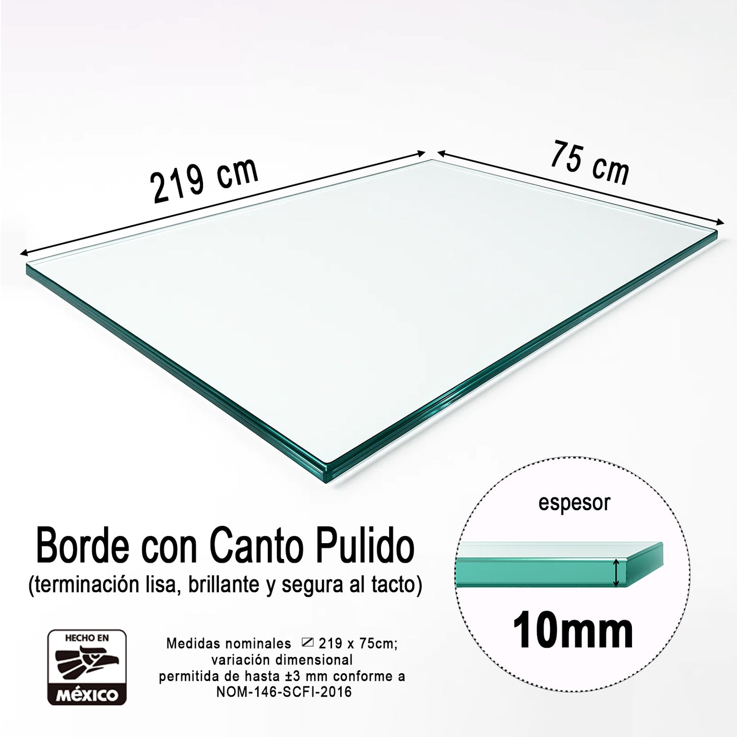 Vidrio Templado Rectangular Claro 219 x 75 cm para Mesa o Barandal