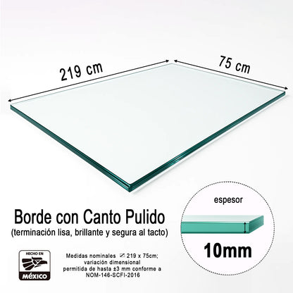 Vidrio Templado Rectangular Claro 219 x 75 cm para Mesa o Barandal