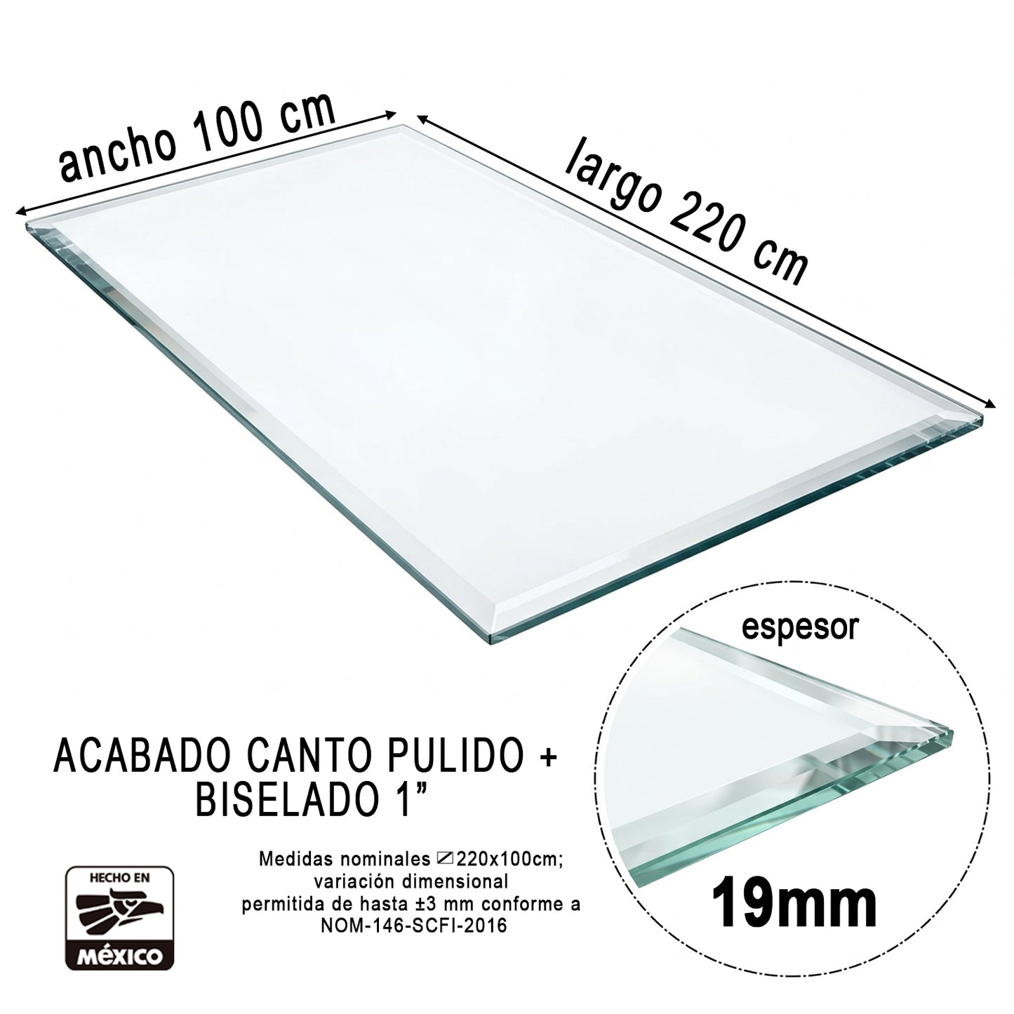 Cubierta Rectangular Vidrio Claro Templado 220x100cm