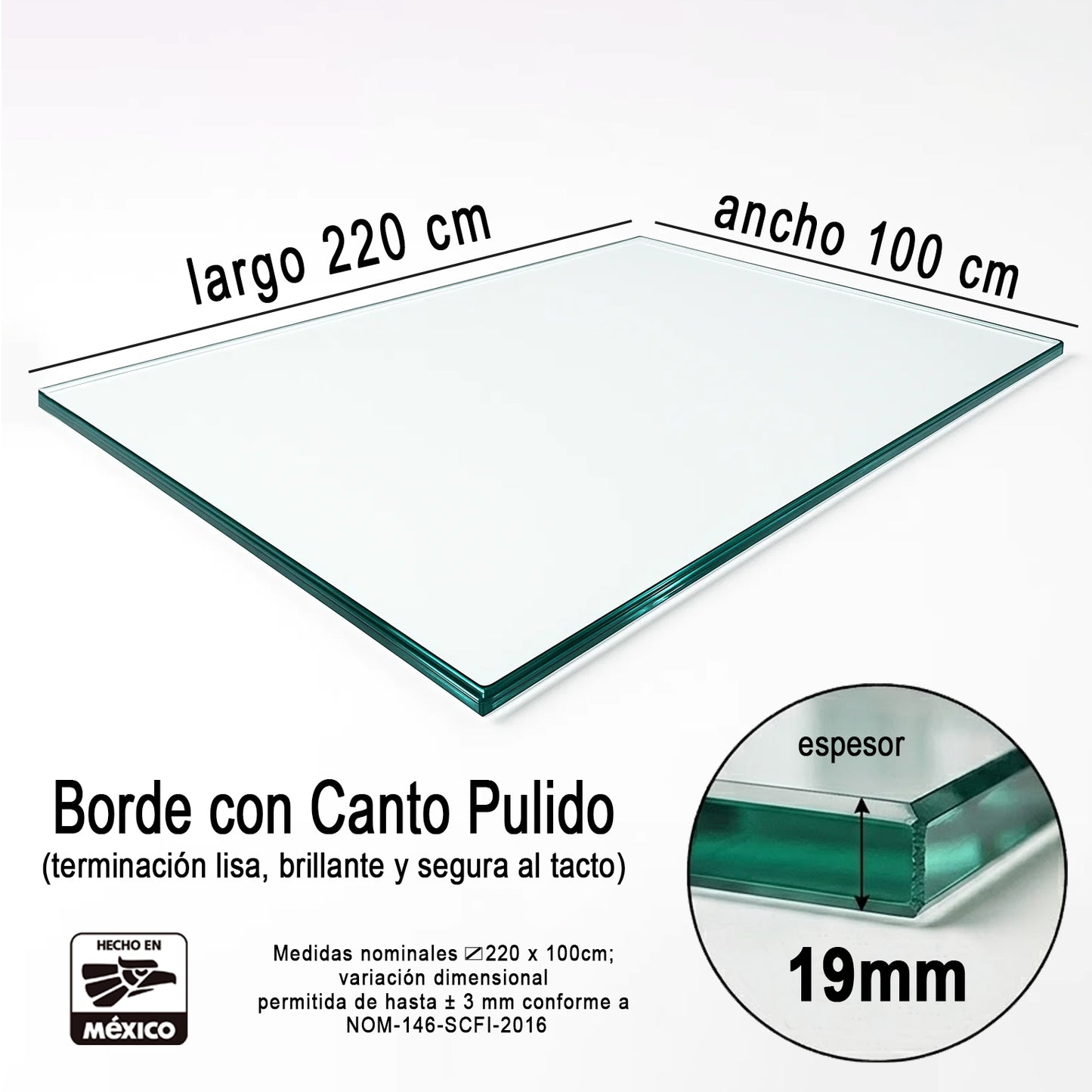 Cubierta Rectangular Vidrio Claro Templado 220x100cm