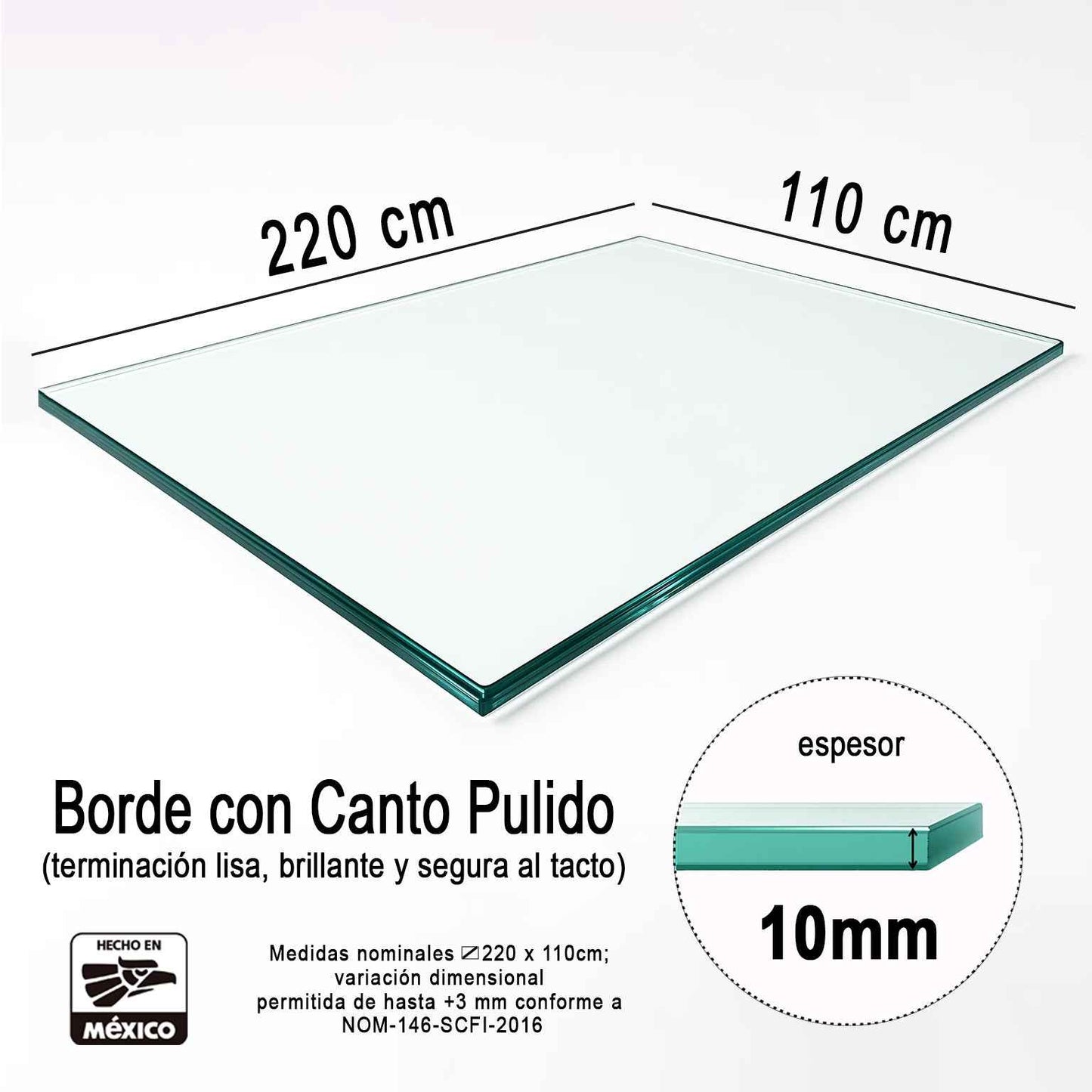 Vidrio Templado Rectangular Claro Para Mesa 220x110cm